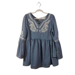 BOHO Indigo Soul Ladies Long Sleeve Embroidered Tunic Top- size L